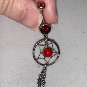 14 Gauge Dream Catcher Belly Ring, 2 gem dark red gem and red bead